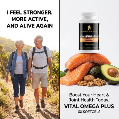 Two people walking outdoors with a bottle of Conquest Nutrition Vital Omega Plus Omega 3 Fish Oil on a white background.