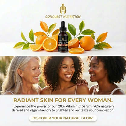 Advertisement for Conquest Nutrition Vitamin C Serum with oranges and three women smiling.