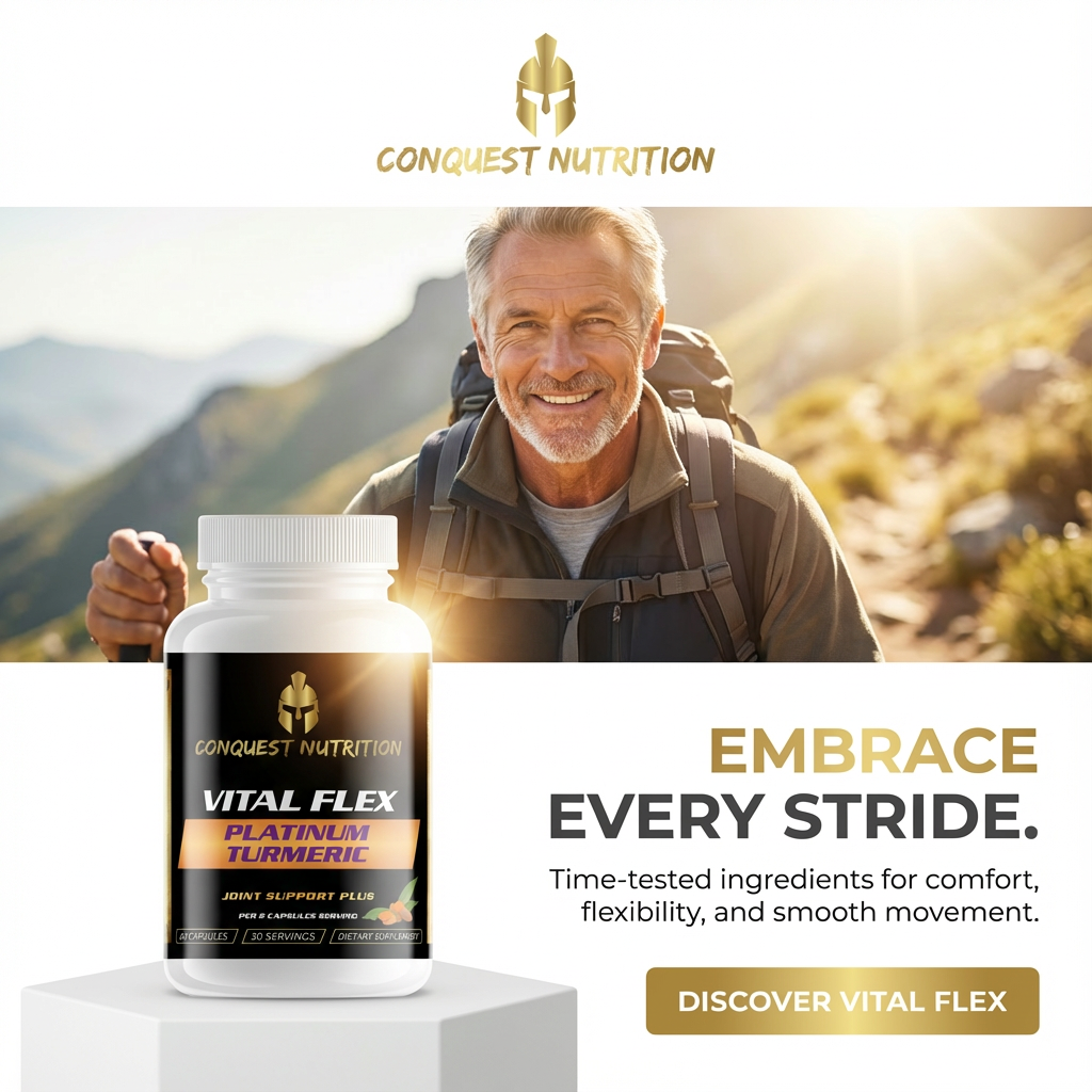 Advertisement for Conquest Nutrition Vital Flex supplement with a man in a mountainous landscape.
