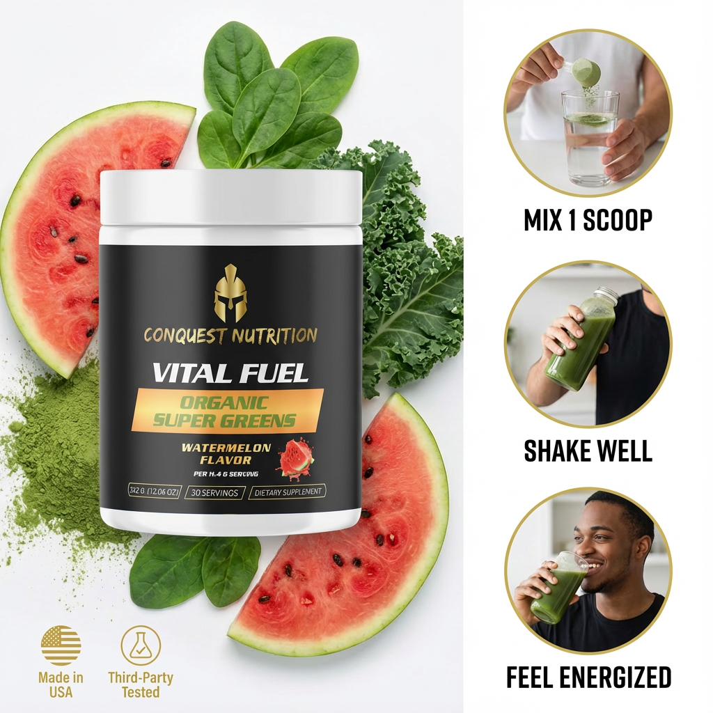 Conquest Nutrition Vital Fuel Organic Super Greens with watermelon flavor packaging surrounded by greenery on a white background.