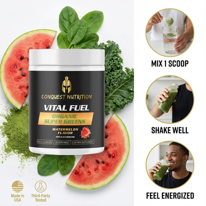 Conquest Nutrition Vital Fuel Organic Super Greens with watermelon flavor packaging surrounded by greenery on a white background.