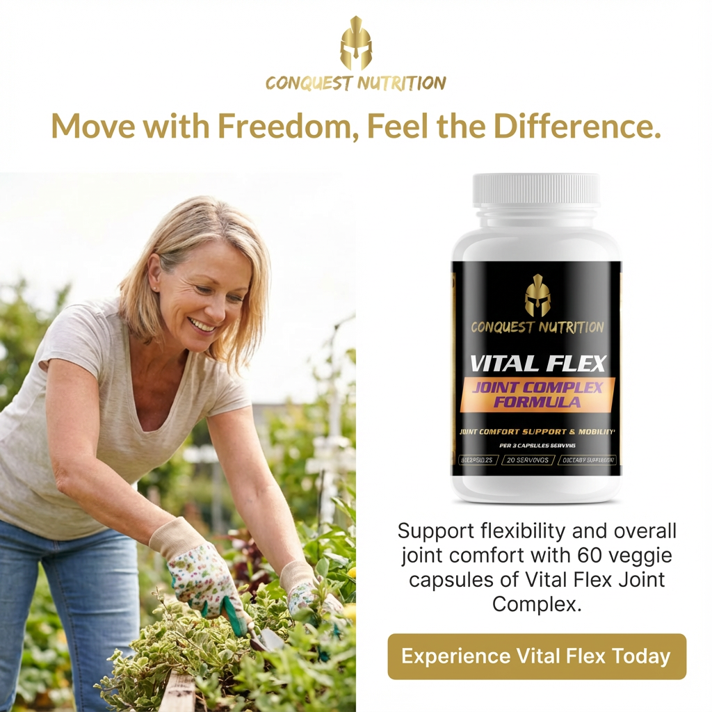 Woman gardening with Conquest Nutrition Vital Flex supplement bottle in the foreground