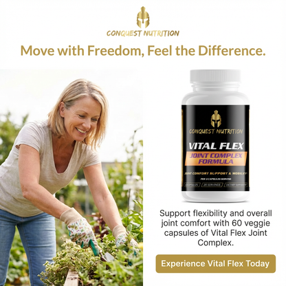 Woman gardening with Conquest Nutrition Vital Flex supplement bottle in the foreground