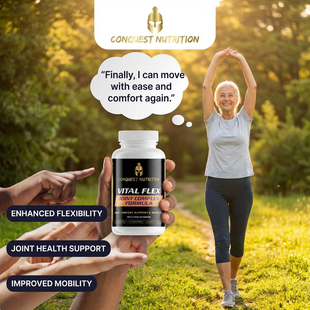 Person holding a bottle of Conquest Nutrition Vital Flex supplement with a woman exercising outdoors.