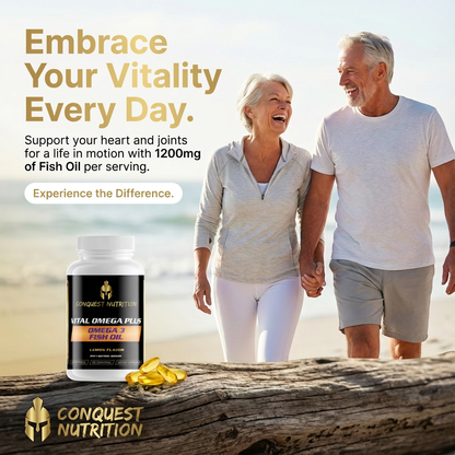 Couple walking on a beach with a bottle of Conquest Nutrition fish oil supplement in the foreground.