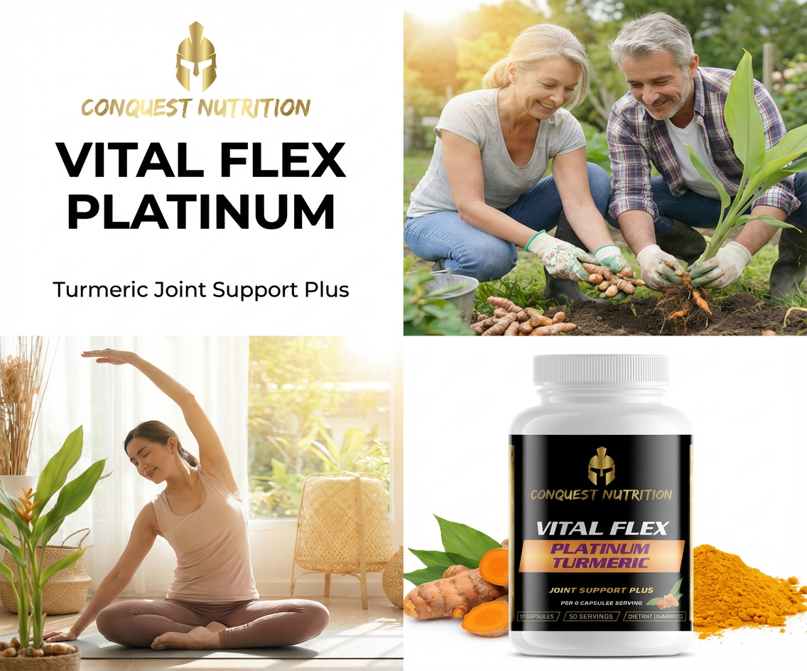 Conquest Nutrition Vital Flex Platinum supplement bottle with people gardening and stretching in the background.