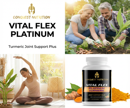 Conquest Nutrition Vital Flex Platinum supplement bottle with people gardening and stretching in the background.