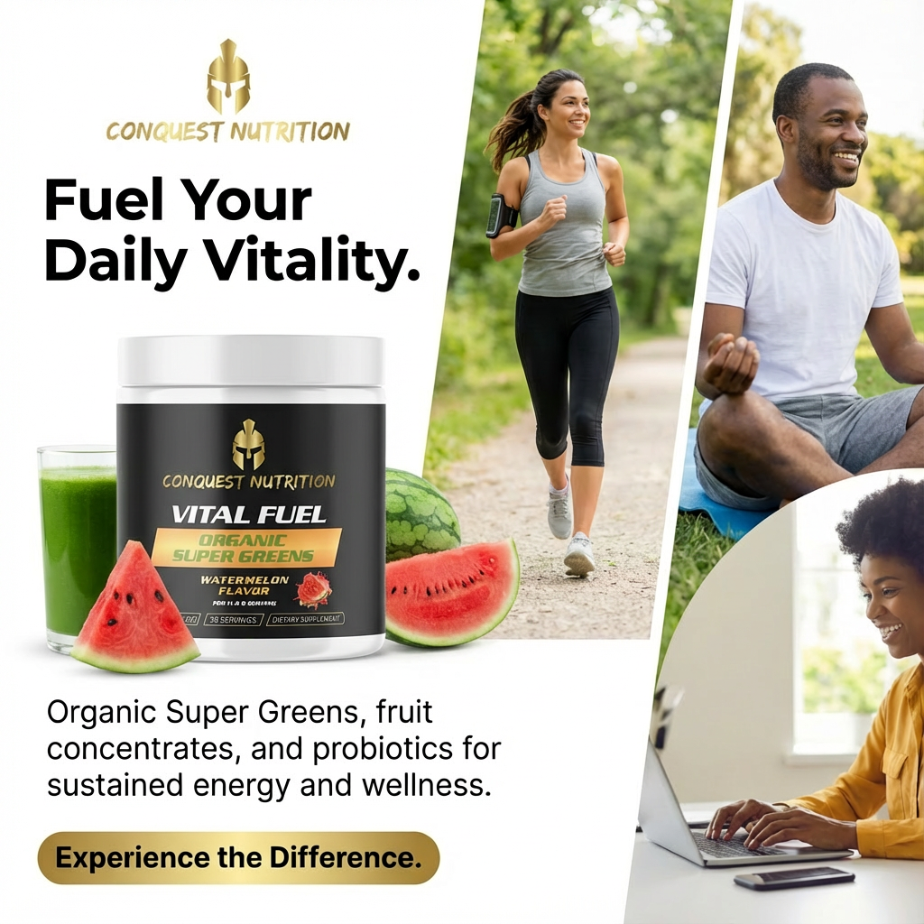 Advertisement for Conquest Nutrition Vital Fuel with lifestyle images of people exercising and working.
