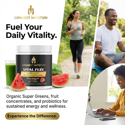 Advertisement for Conquest Nutrition Vital Fuel with lifestyle images of people exercising and working.