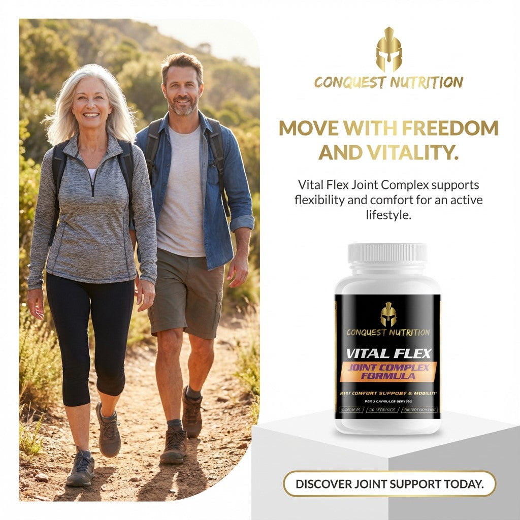Couple walking outdoors with Conquest Nutrition Vital Flex supplement bottle on a white background