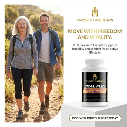 Couple walking outdoors with Conquest Nutrition Vital Flex supplement bottle on a white background