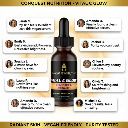 Conquest Nutrition Vital C Glow serum bottle with customer testimonials on a white background