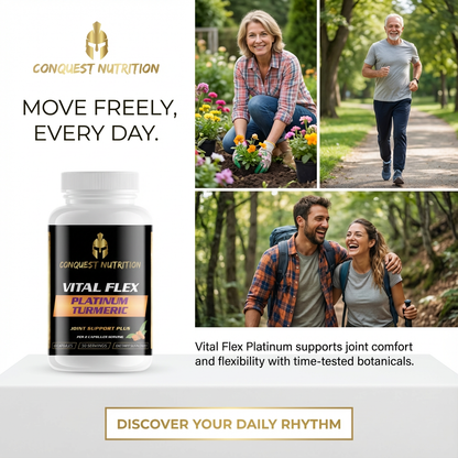 Advertisement for Conquest Nutrition Vital Flex Platinum Turmeric supplement with lifestyle images of people outdoors.
