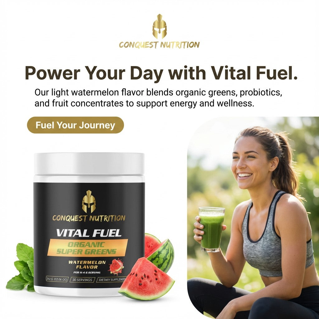 Conquest Nutrition Vital Fuel supplement with a woman holding a green smoothie outdoors.