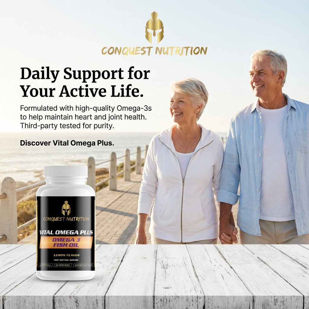 Advertisement for Conquest Nutrition Omega-3 supplement with an elderly couple walking outdoors.