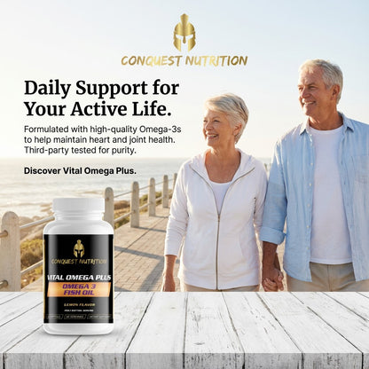Advertisement for Conquest Nutrition Omega-3 supplement with an elderly couple walking outdoors.