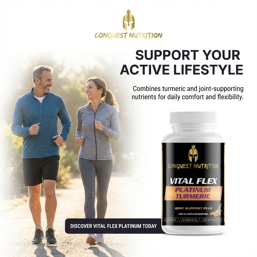 Advertisement for Conquest Nutrition Vital Flex Platinum Turmeric with a couple exercising outdoors.