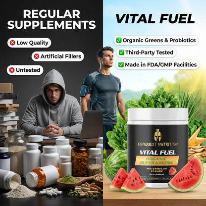 Comparison of 'Regular Supplements' with 'Vital Fuel' supplement container, emphasizing quality, testing, and sourcing.