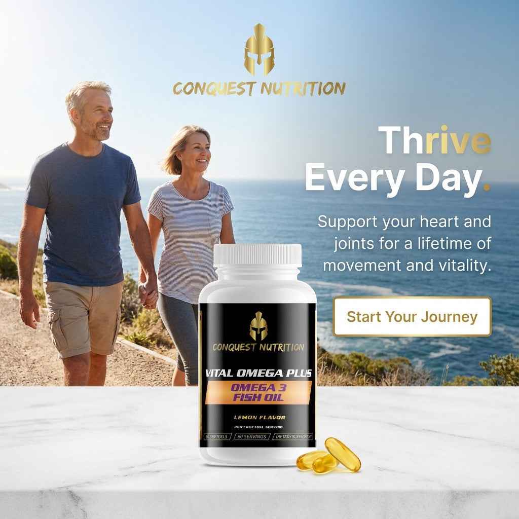 Conquest Nutrition Omega 3 Fish Oil supplement with a couple walking by the ocean.