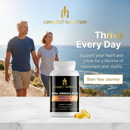 Conquest Nutrition Omega 3 Fish Oil supplement with a couple walking by the ocean.