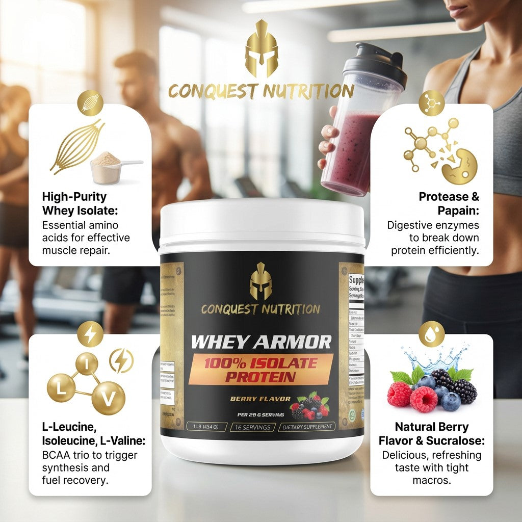 Conquest Nutrition Whey Armor protein supplement with product details and a person holding a shaker.