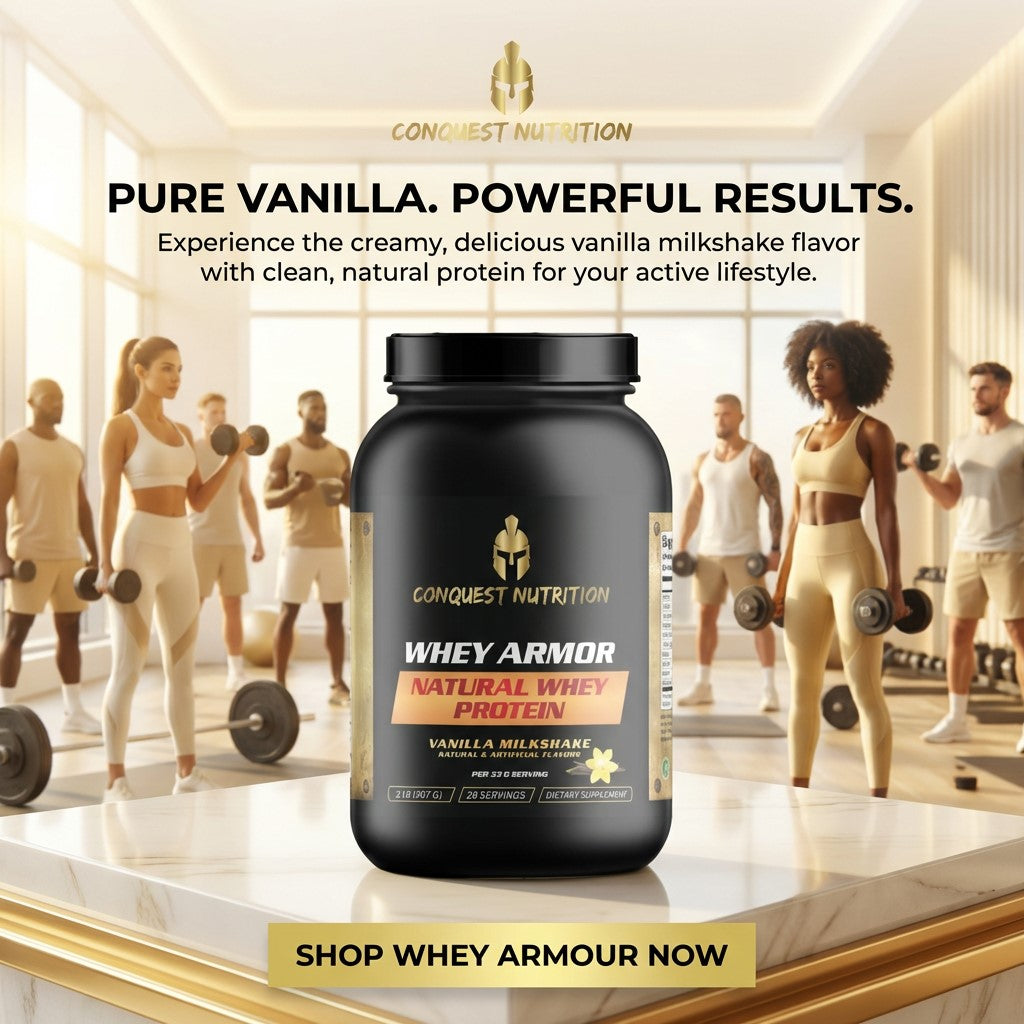 Conquest Nutrition Whey Armor protein powder container with people exercising in the background