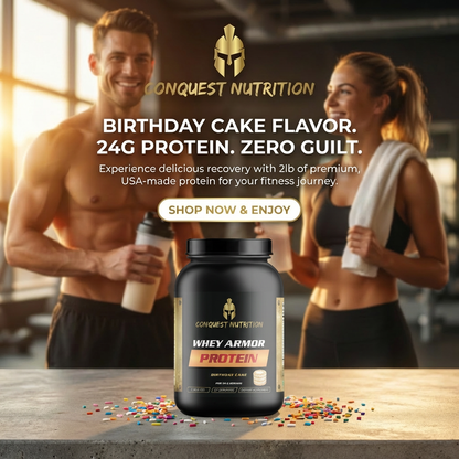 Conquest Nutrition protein supplement with two people in a gym setting