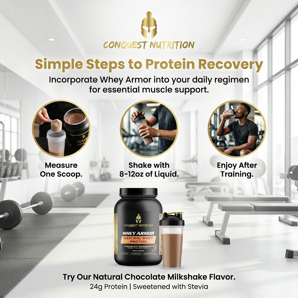 Advertisement for Conquest Nutrition protein product with steps to use it in a gym setting.