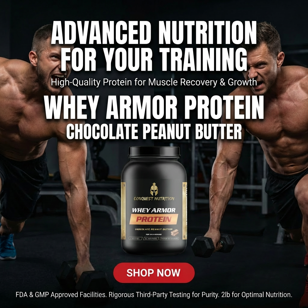 Advertisement for Whey Armor Protein with two muscular men lifting weights.