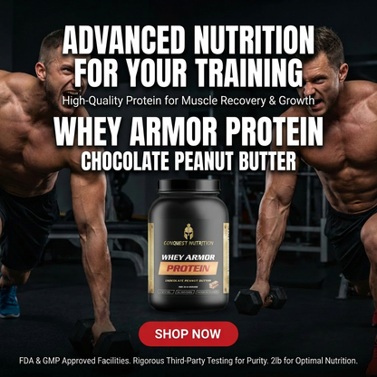 Advertisement for Whey Armor Protein with two muscular men lifting weights.