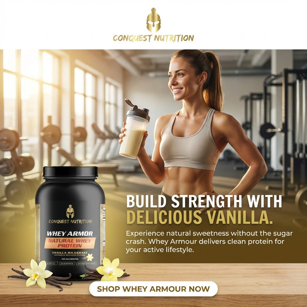 Woman holding a protein shake with Conquest Nutrition whey protein powder in a gym setting