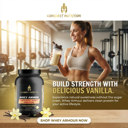 Woman holding a protein shake with Conquest Nutrition whey protein powder in a gym setting