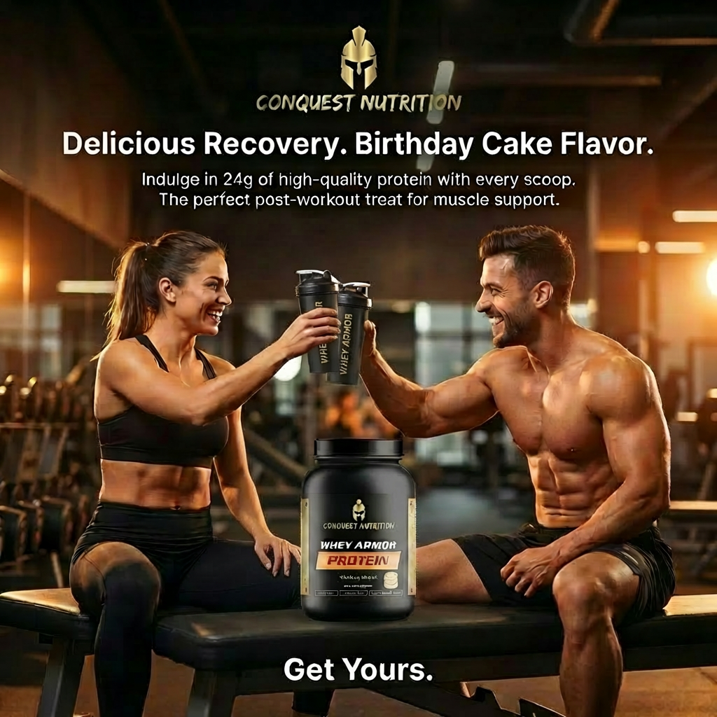 Two muscular individuals in a gym setting with Conquest Nutrition protein products.