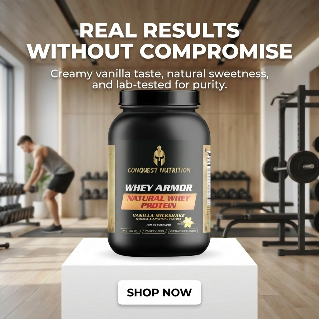 Protein powder container with gym background and promotional text