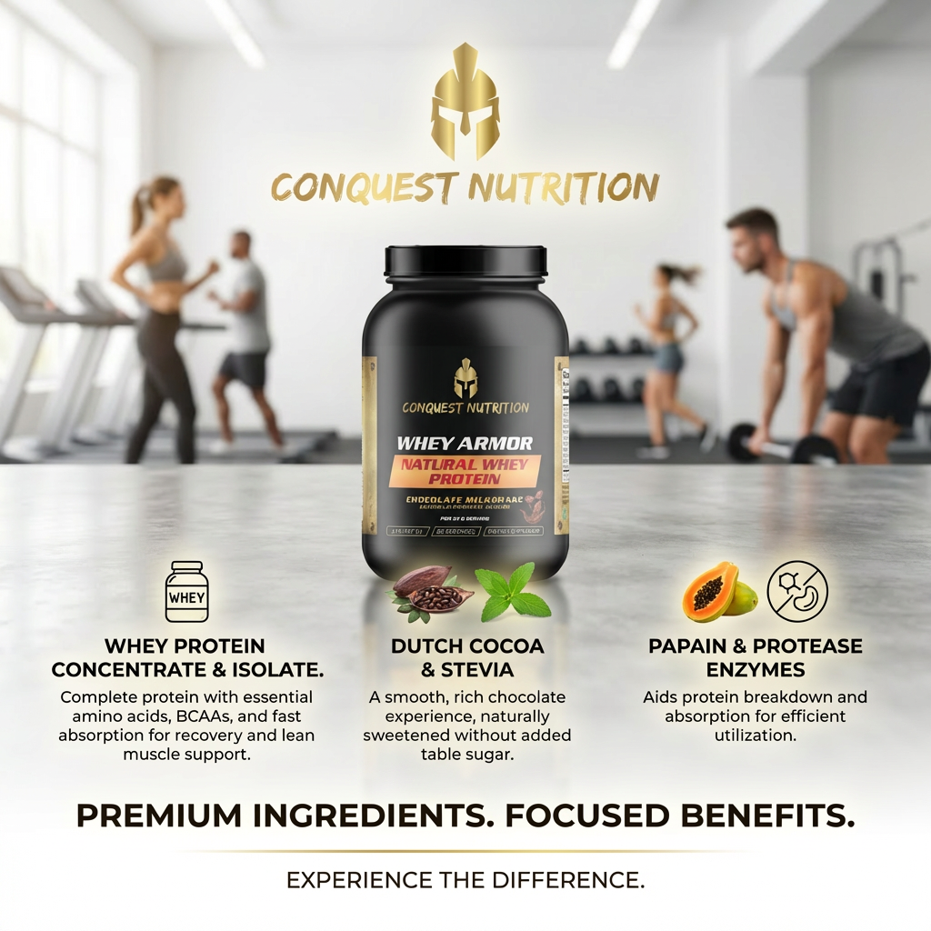 Conquest Nutrition whey protein supplement with gym background