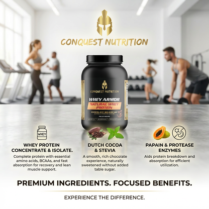 Conquest Nutrition whey protein supplement with gym background