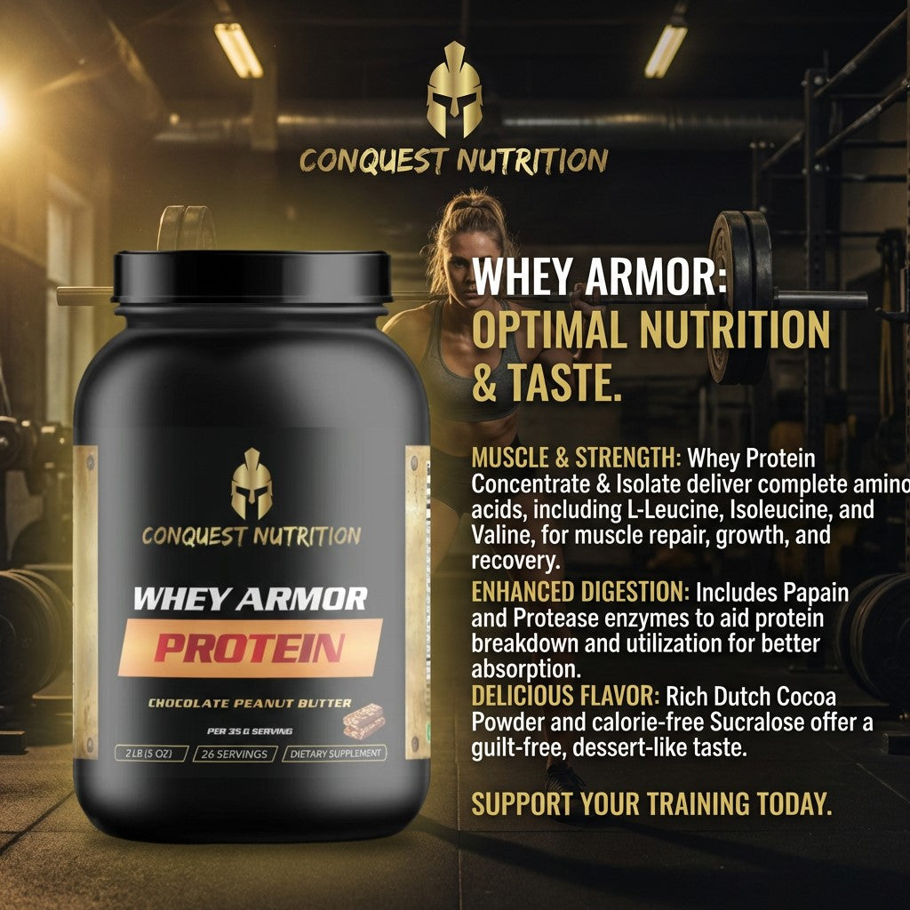 Conquest Nutrition Whey Armor Protein container with promotional text in a gym setting