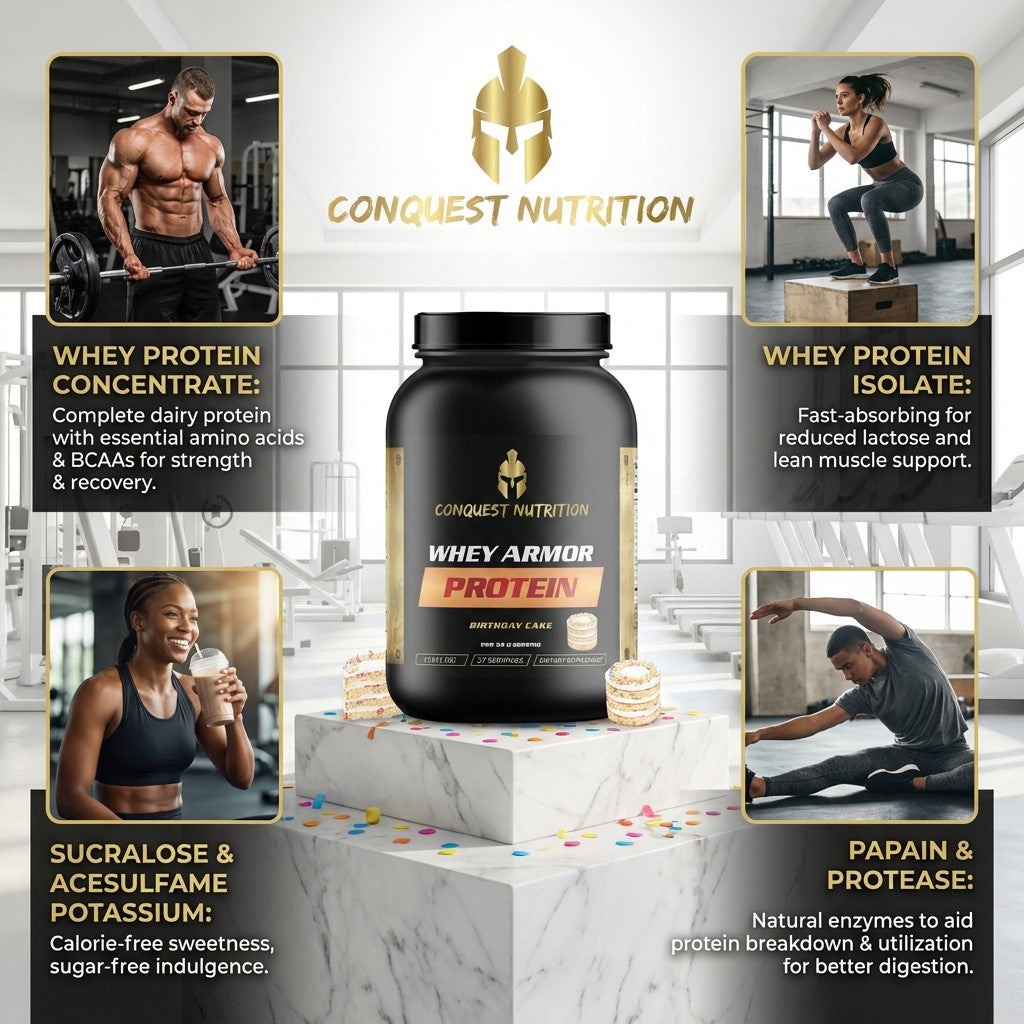 Conquest Nutrition whey protein product with lifestyle images of people exercising and drinking water.