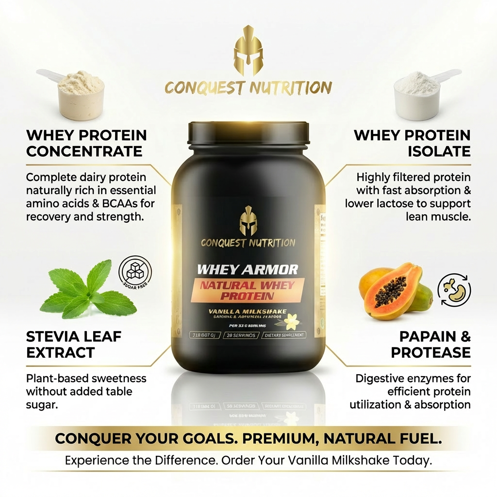 Conquest Nutrition whey protein supplement with product details on a white background