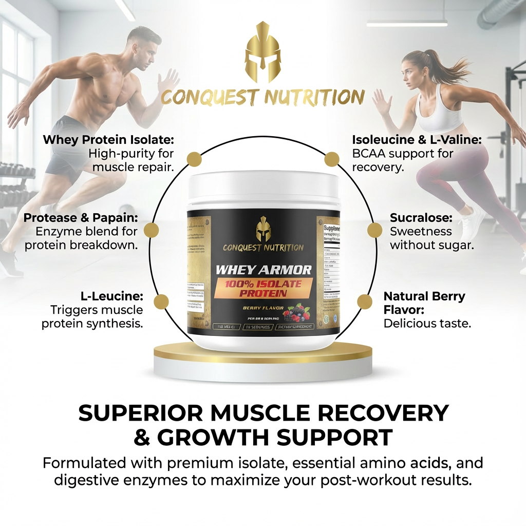Conquest Nutrition whey protein supplement with features and benefits highlighted