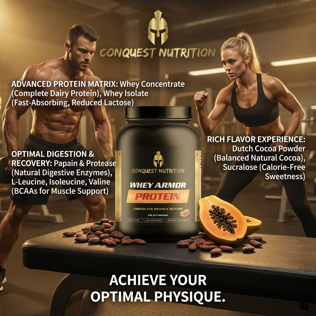 Conquest Nutrition whey protein powder with two muscular individuals in a gym setting.