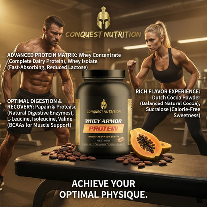 Conquest Nutrition whey protein powder with two muscular individuals in a gym setting.
