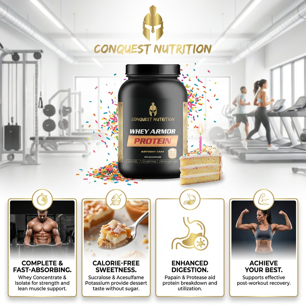 Conquest Nutrition Whey Armor Protein supplement with gym background