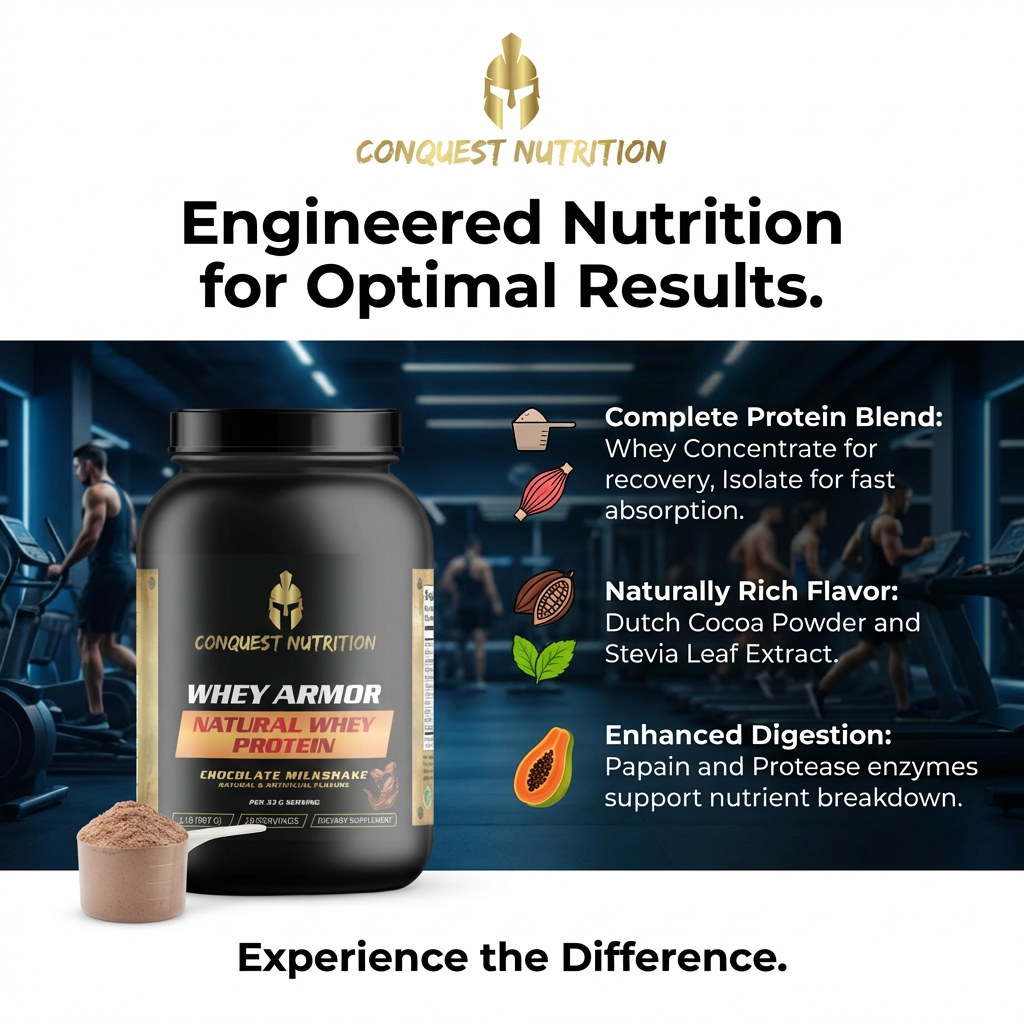 Conquest Nutrition Whey Armor protein powder with product details and branding.