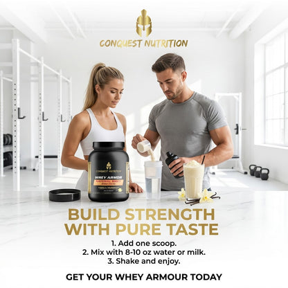 Two people in a gym setting with Conquest Nutrition whey protein, promoting muscle building.