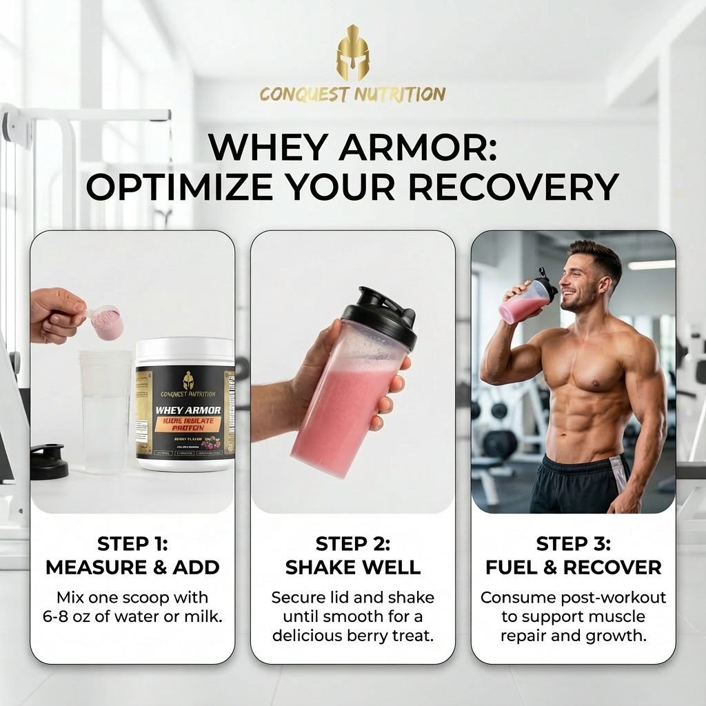 Advertisement for Conquest Nutrition Whey Armor with steps to optimize recovery.