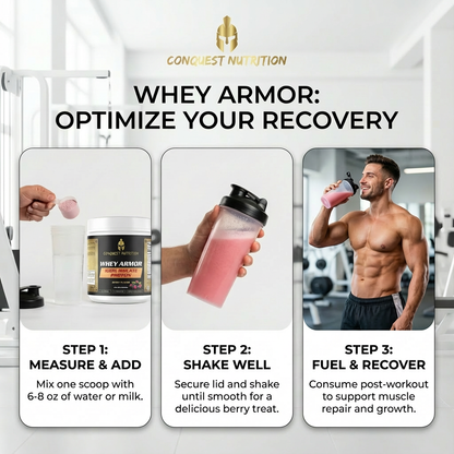 Advertisement for Conquest Nutrition Whey Armor with steps to optimize recovery.