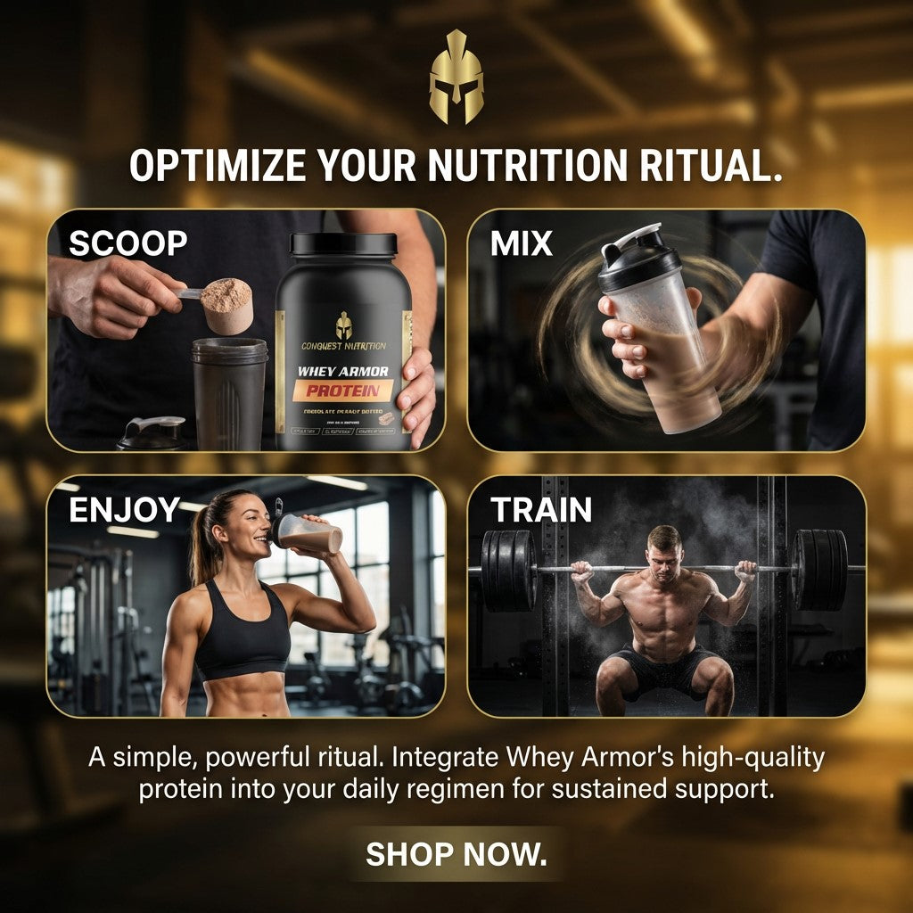 Promotional graphic for Whey Armor Protein with steps to optimize a nutrition ritual.