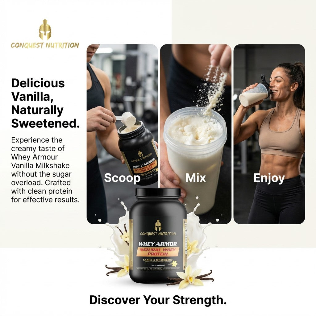Advertisement for Conquest Nutrition Whey Armor Vanilla Milkshake with product display and usage instructions.