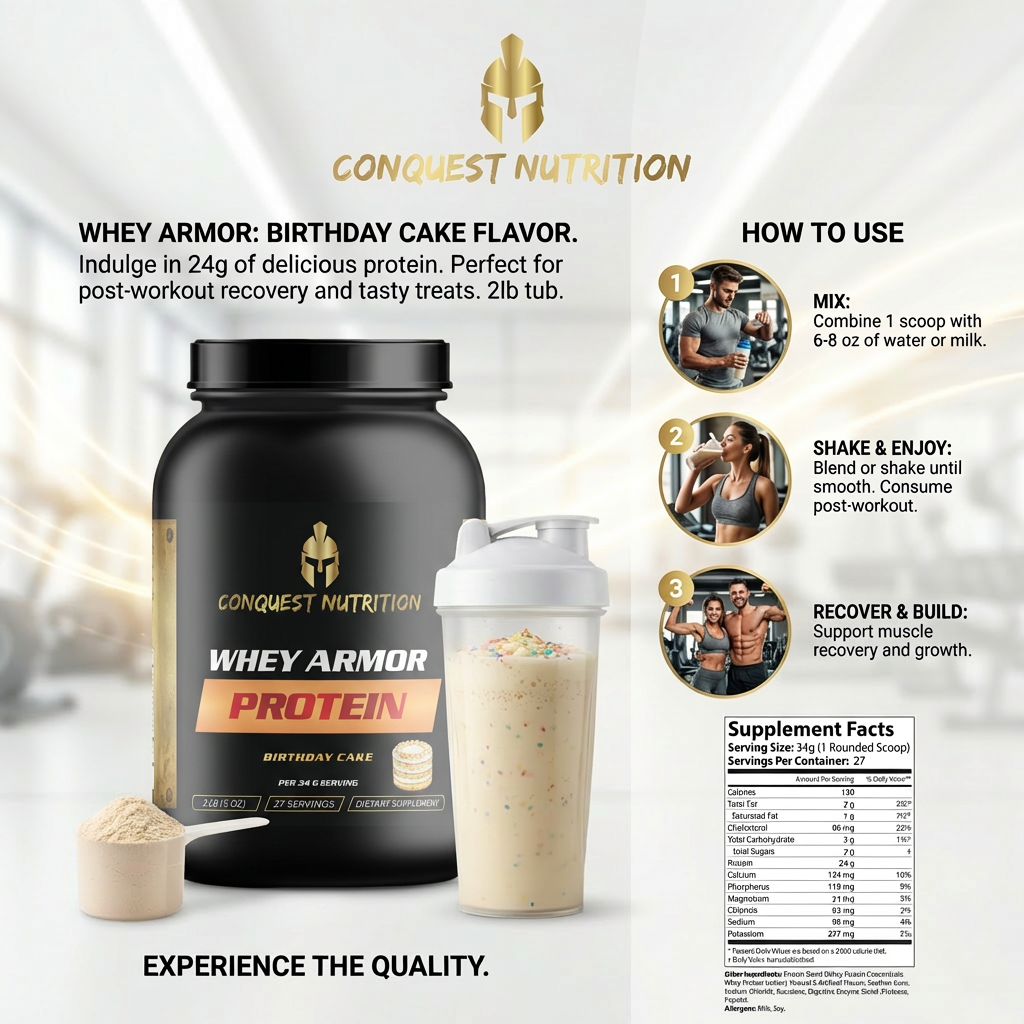 Conquest Nutrition Whey Armor Protein packaging with usage instructions and supplement facts.